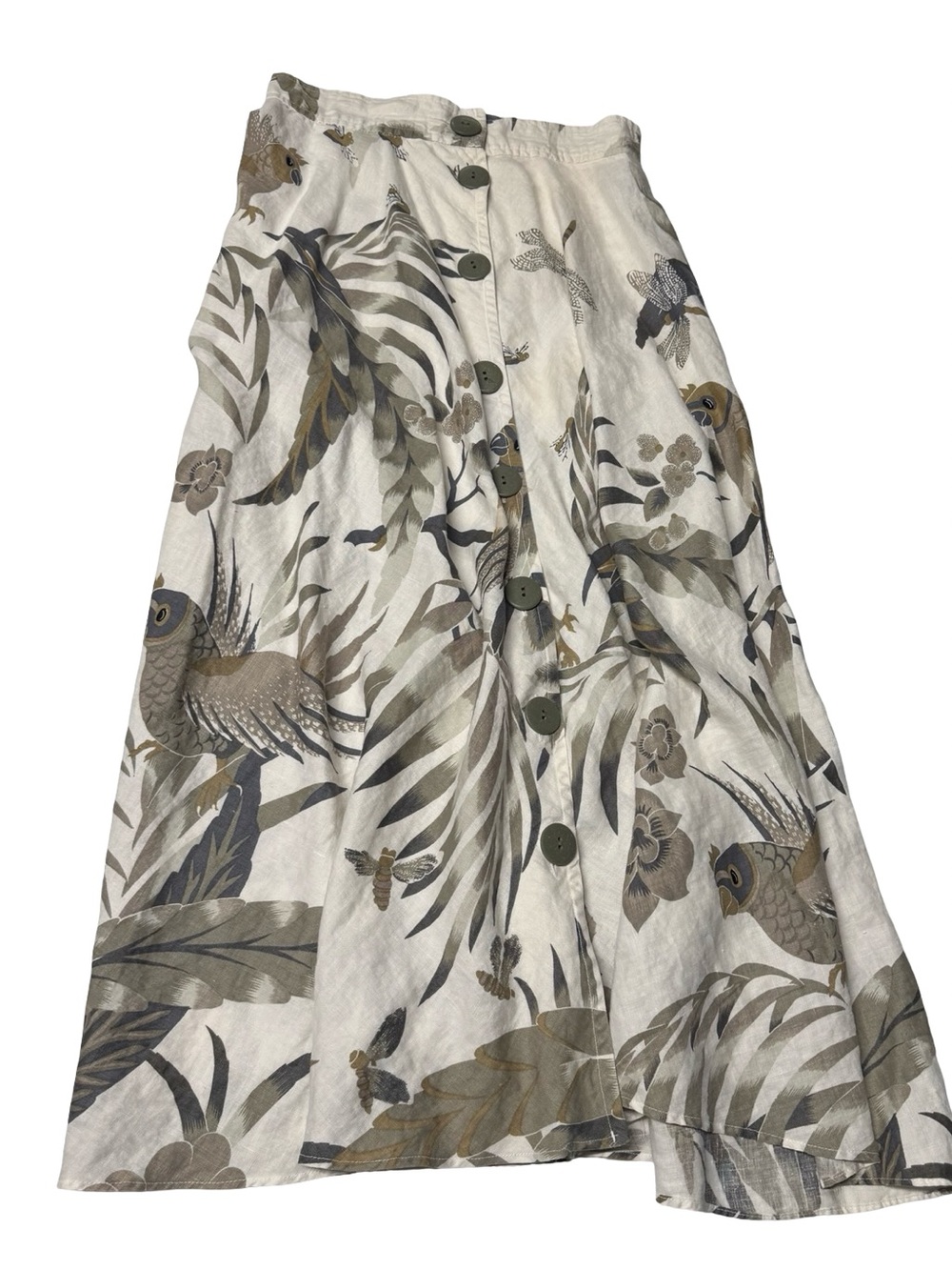 Finity Tropical Button-Front Skirt in Neutral Bird Print